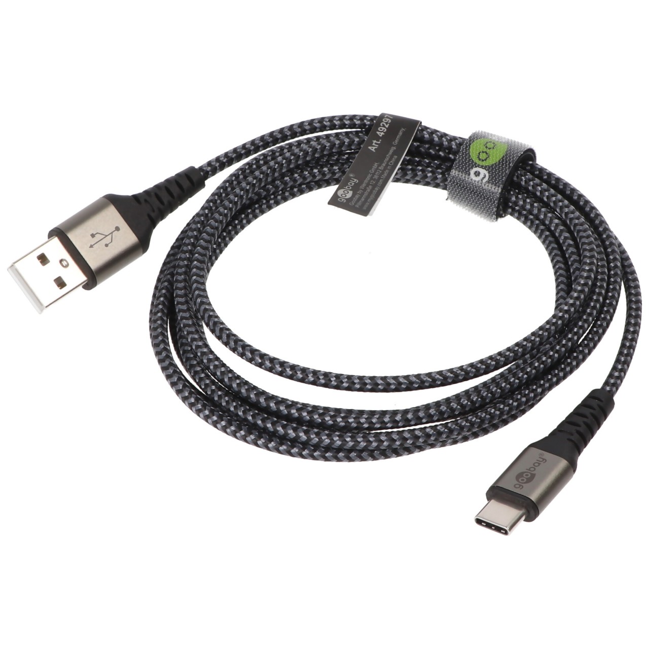 USB-C auf USB-A Textilkabel mit Metallsteckern, extra-robustes Verbindungskabel für Geräte mit USB-C Anschluss, optimierter Knickschutz