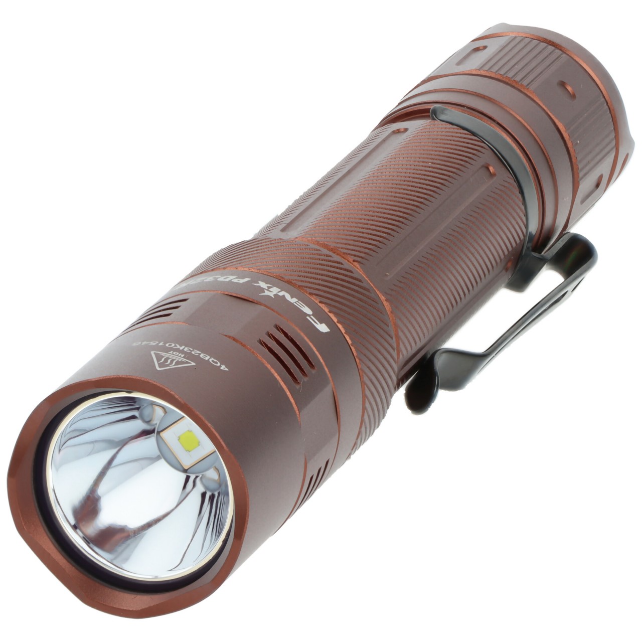 Fenix PD32R LED Taschenlampe braun, taktische Taschenlampe, geräuschloser Endschalter, inkl. ARB-L18-3400 Li-Ion Akku