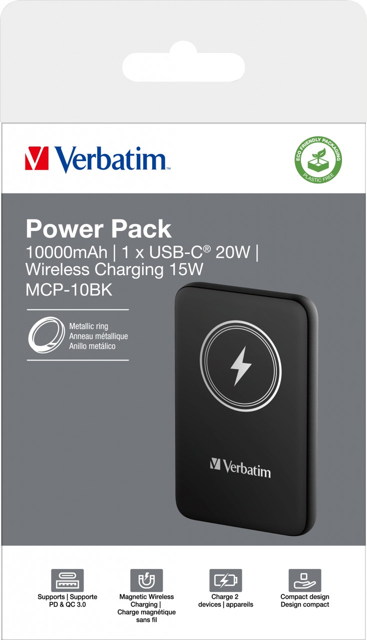 Verbatim Akku Powerbank, 10.000mAh, MCP-10BK, schwarz Magnetic Wireless, USB-C, QC-PD 3.0, Retail-Blister