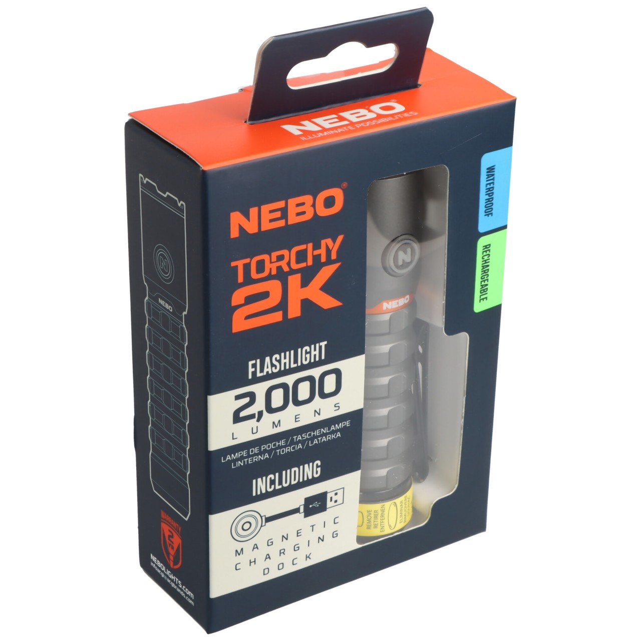 NEBO LED Taschenlampe TORCHY 2K mit bis zu 2000lm und 200m Leuchtweite integrierter 18650 Akku Li-ion 3,7V 2200mAh