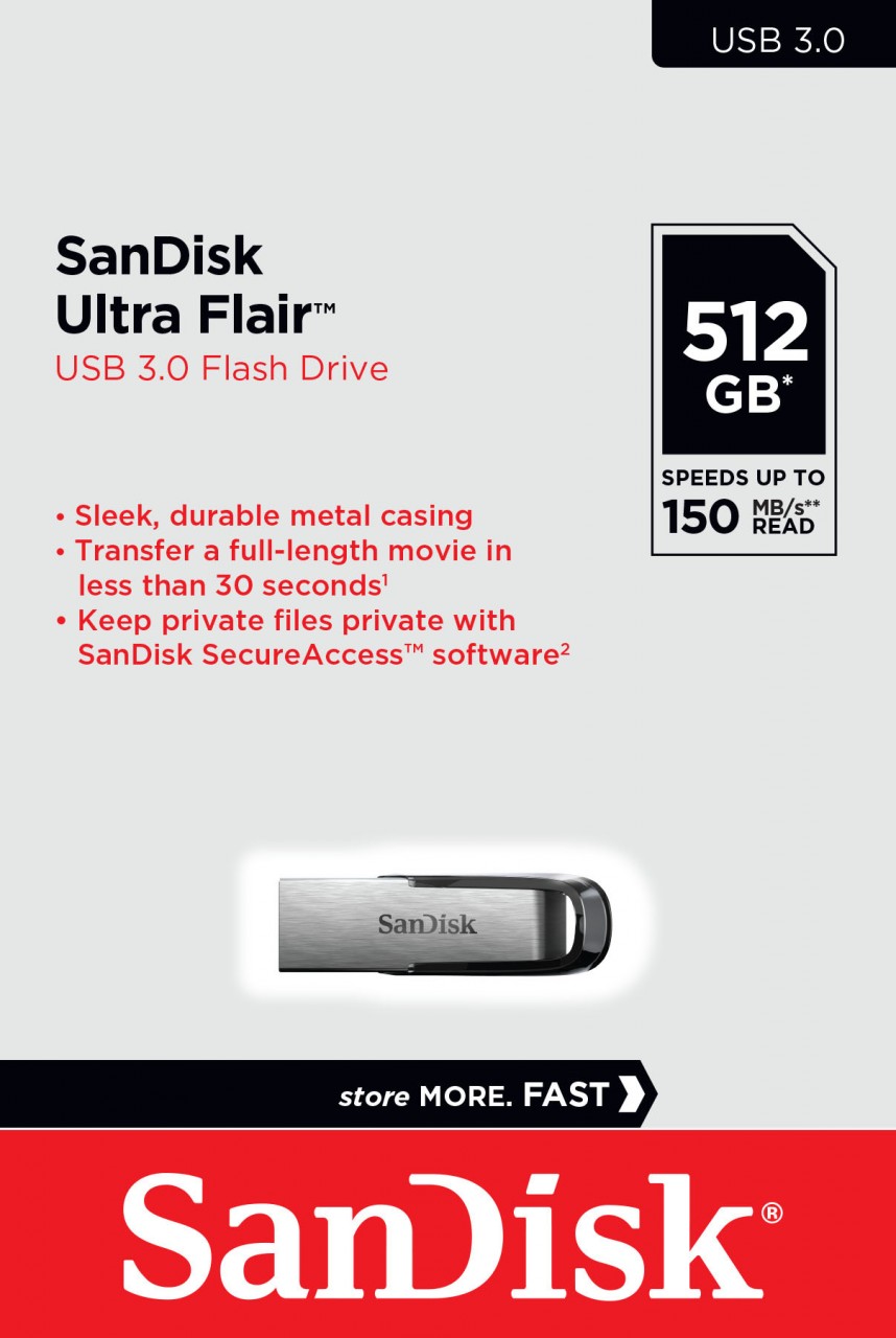 Sandisk USB 3.0 Stick 512GB, Ultra Flair Typ-A, (R) 150MB/s, SecureAccess, Retail-Blister