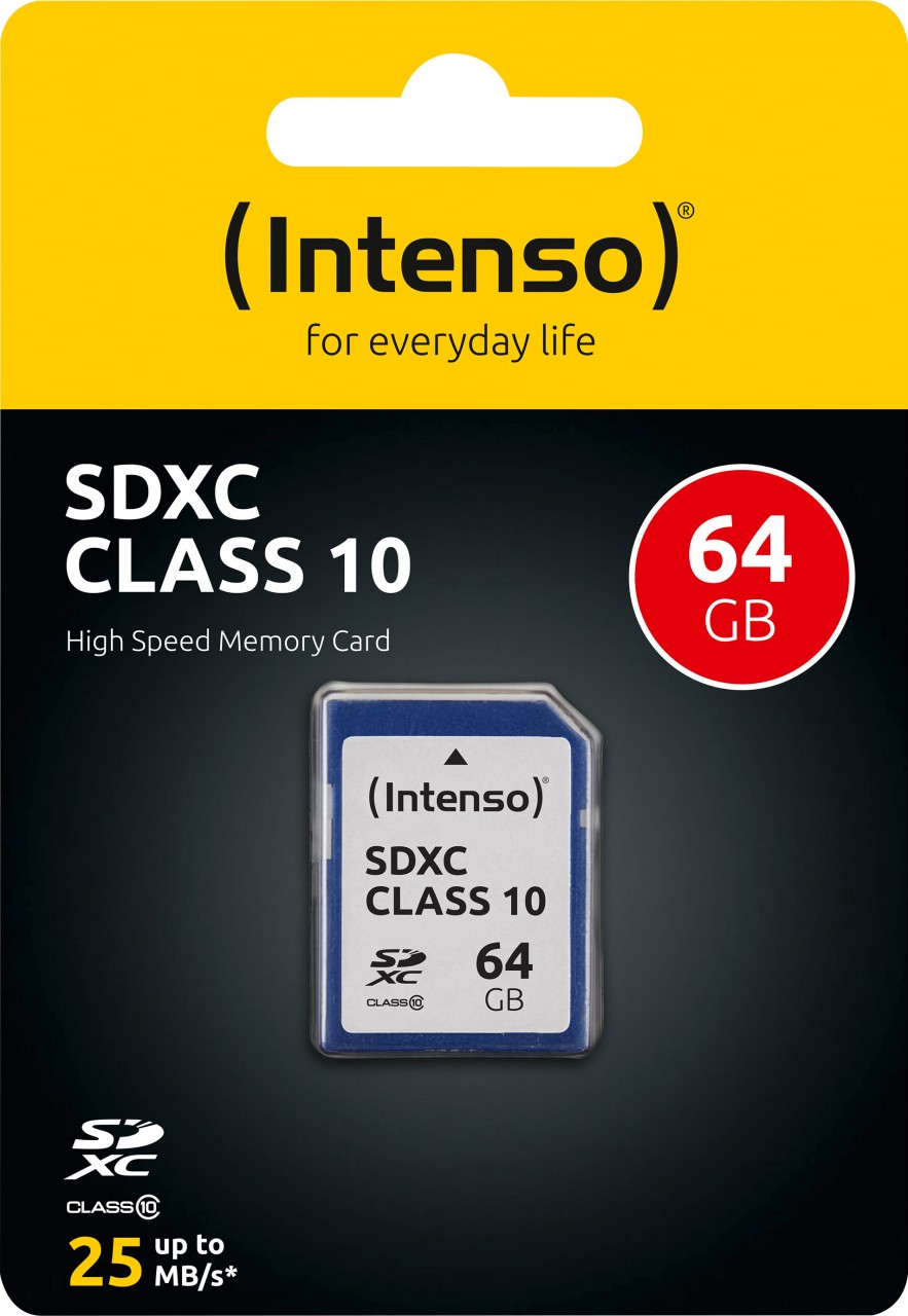 Intenso SDXC-Card 64GB, Class 10 (R) 25MB/s, (W) 10MB/s, Retail-Blister