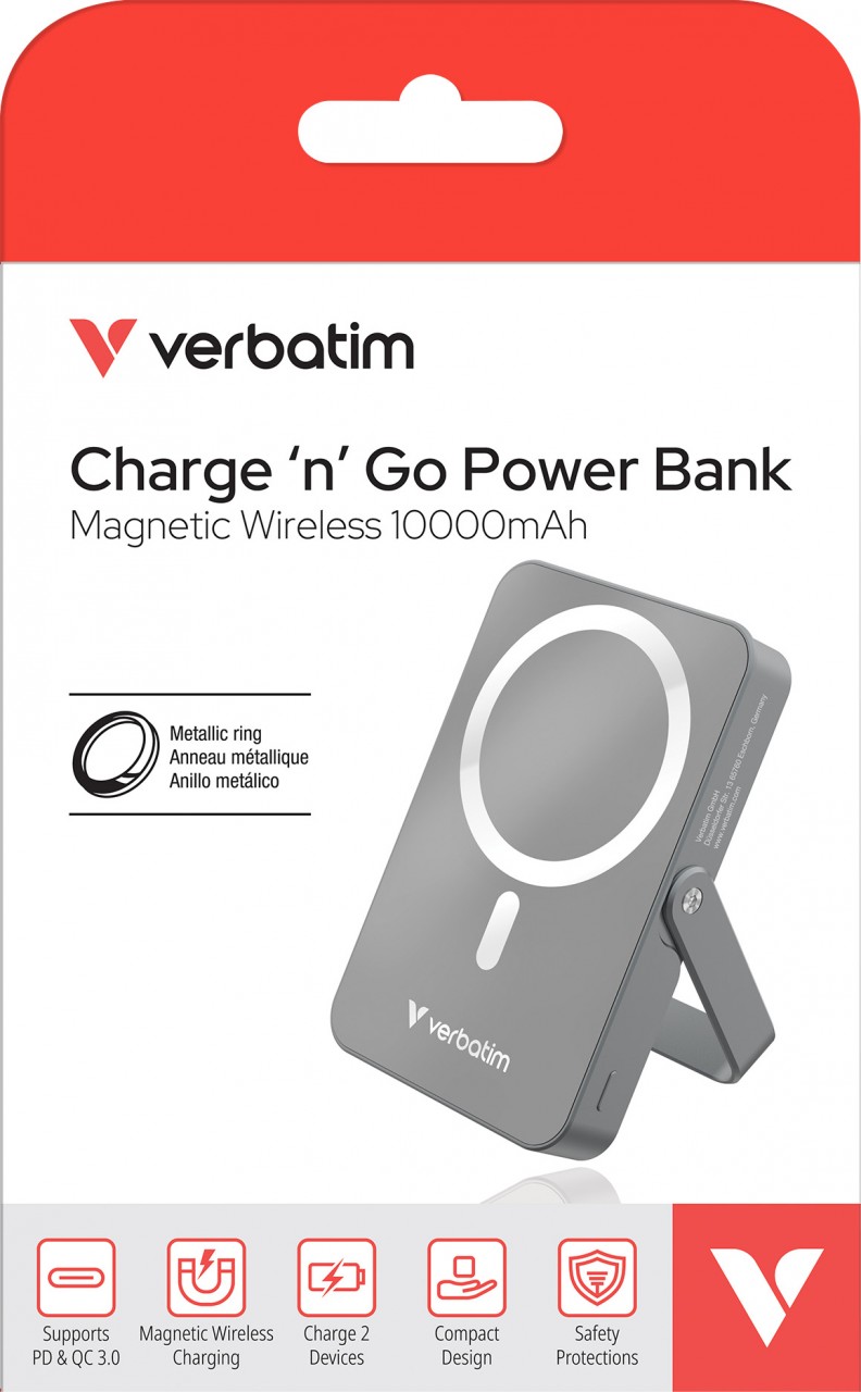 Verbatim Akku Powerbank, 10.000mAh, Charge´n´Go, grau Magnetic Wireless, USB-C, QC-PD 3.0, Retail-Blister