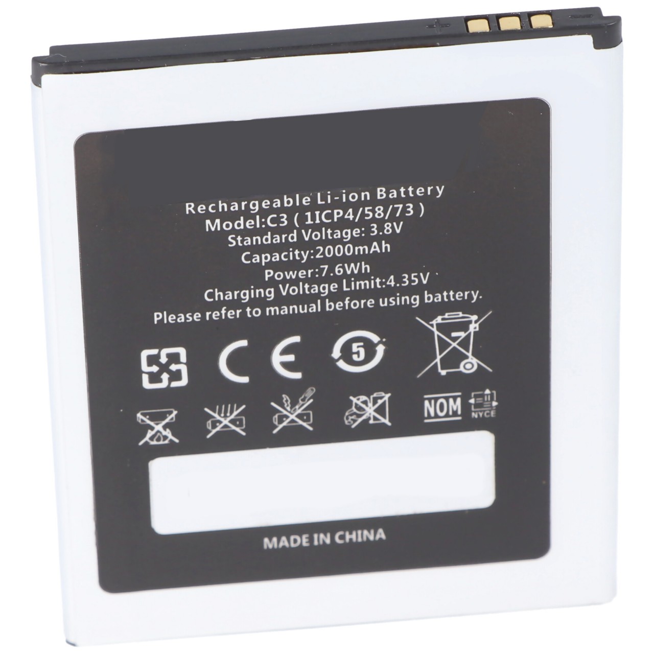 Li-Ion-Akku nur passend für 2000mAh Handy Oukitel 1ICP4/58/73 3.8V 74x58x4mm