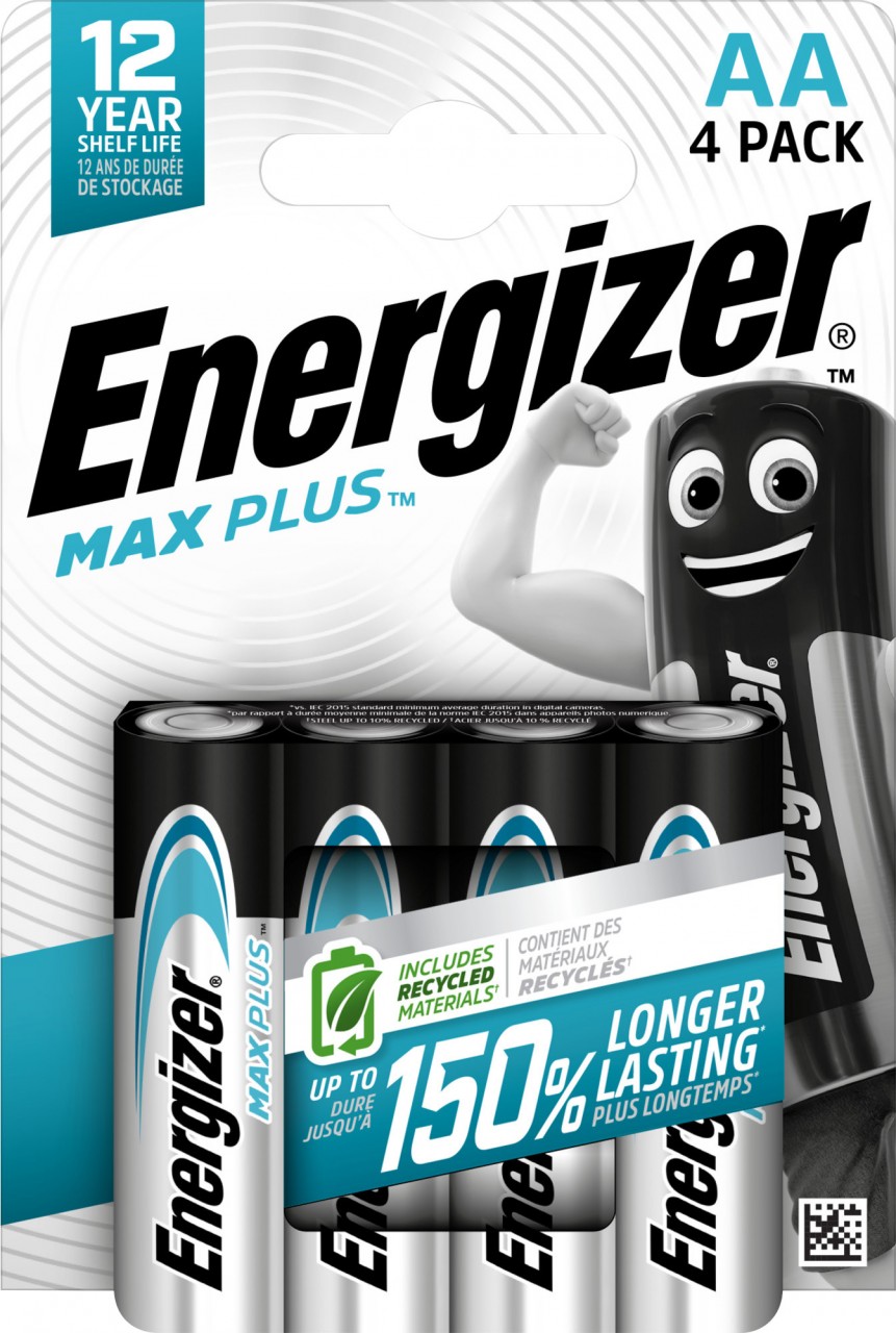 Energizer Batterie Alkaline, Mignon, AA, LR06, 1.5V Max Plus, Retail Blister (4-Pack)
