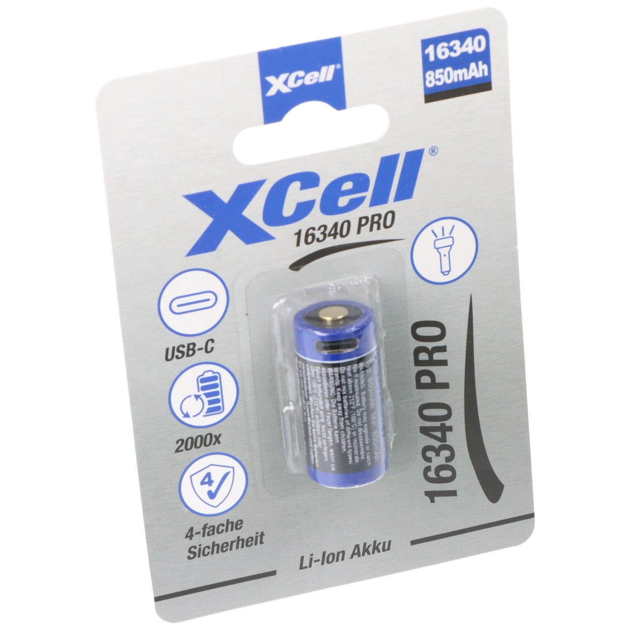 XCell Pro 16340 Li-Ion Akku CR123A geschützter Li-Ion Akku, mit USB-C Ladebuchse, min. 800mAh max. 850mAh, 3,6 Volt