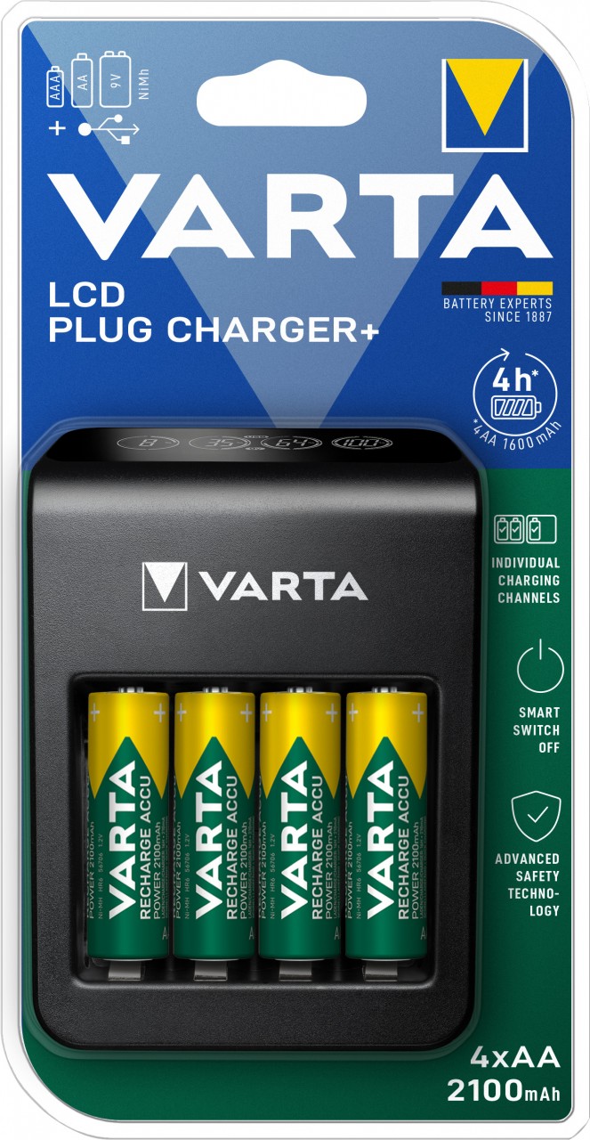 Varta Akku NiMH, Universal Ladegerät, LCD Plug Charger+ inkl. Akkus, 4x Mignon, AA, 2100mAh, USB