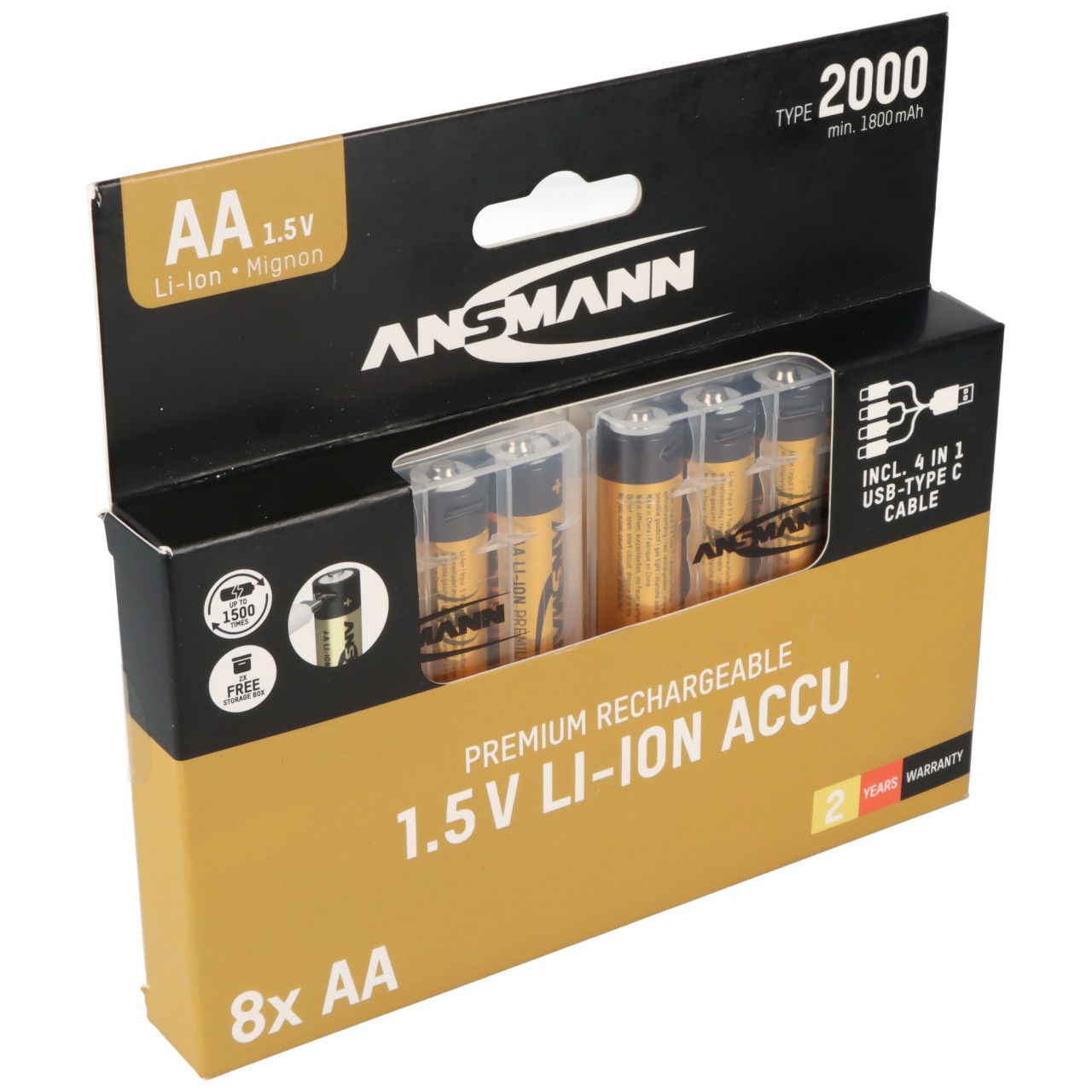 8 Stück Ansmann Premium Li-Ion Akku Mignon AA Typ 2000mAh, mit USB-C Lademöglichkeit, 8er inkl. 2x Akkubox sowie einem 4Fach USB-C Ladekabel