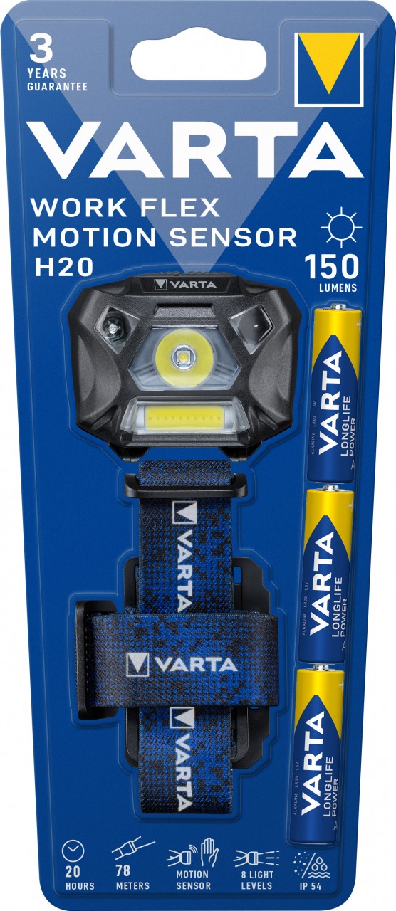 Varta LED Taschenlampe Work Flex Line, Motion Sensor 150lm, inkl. 3x Batterie Alkaline AAA, Retail Blister