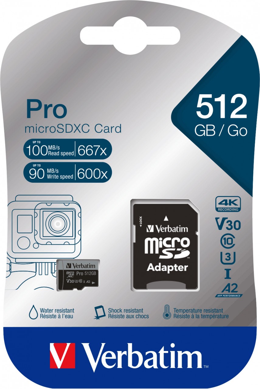 Verbatim microSDXC-Card 512GB, PRO, U3, UHS-I, 4K UHD (R) 100MB/s, (W) 90MB/s, SD Adapter, Retail-Blister