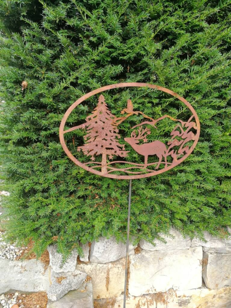 Edelrost Gartenstecker Wandbild Winterlandschaft Hirsch