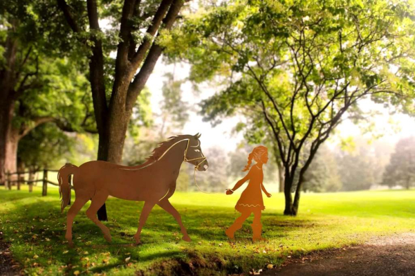 Edelrost Dekofigur Mädchen mit Pferd