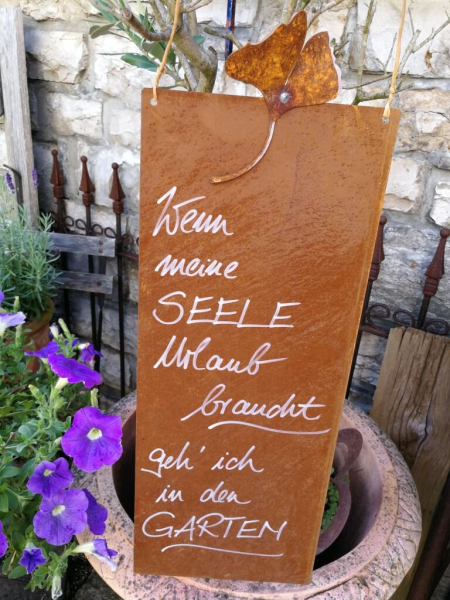 Edelrost Schild mit Ginkgo 'Garten - Seele', hoch