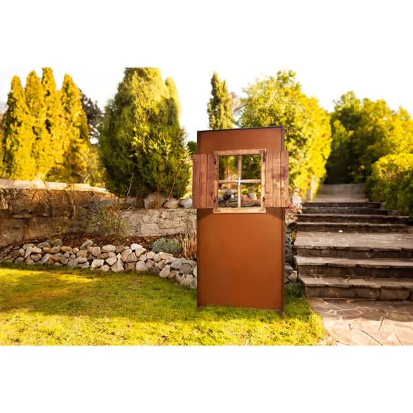 Edelrost Sichtschutzwand Fenster mit Holzläden ohne Motiv