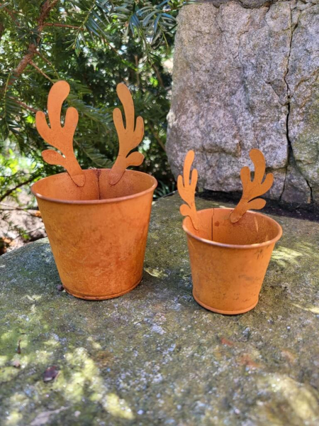 Edelrost Töpfchen mit Geweih, 2er-Set