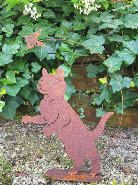 Edelrost stehender Hund mit Schmetterling