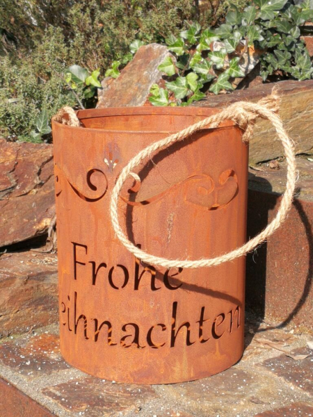 Edelrost Windlicht Frohe Weihnachten, mit Kordel