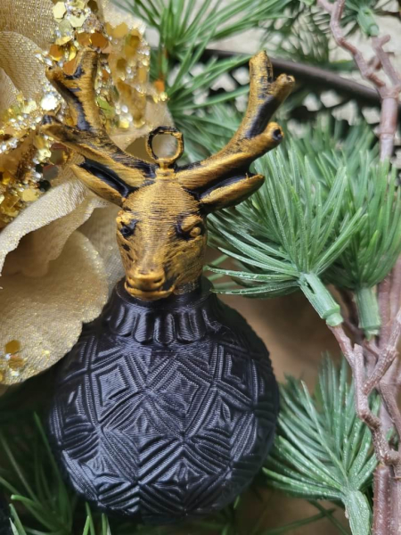 Christbaumkugel Outdoor Noir, mit Hirschkopf gold