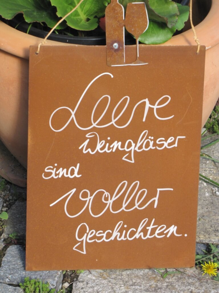 Edelrost Schild mit Weinflasche und Glas 'leere Weingläser'