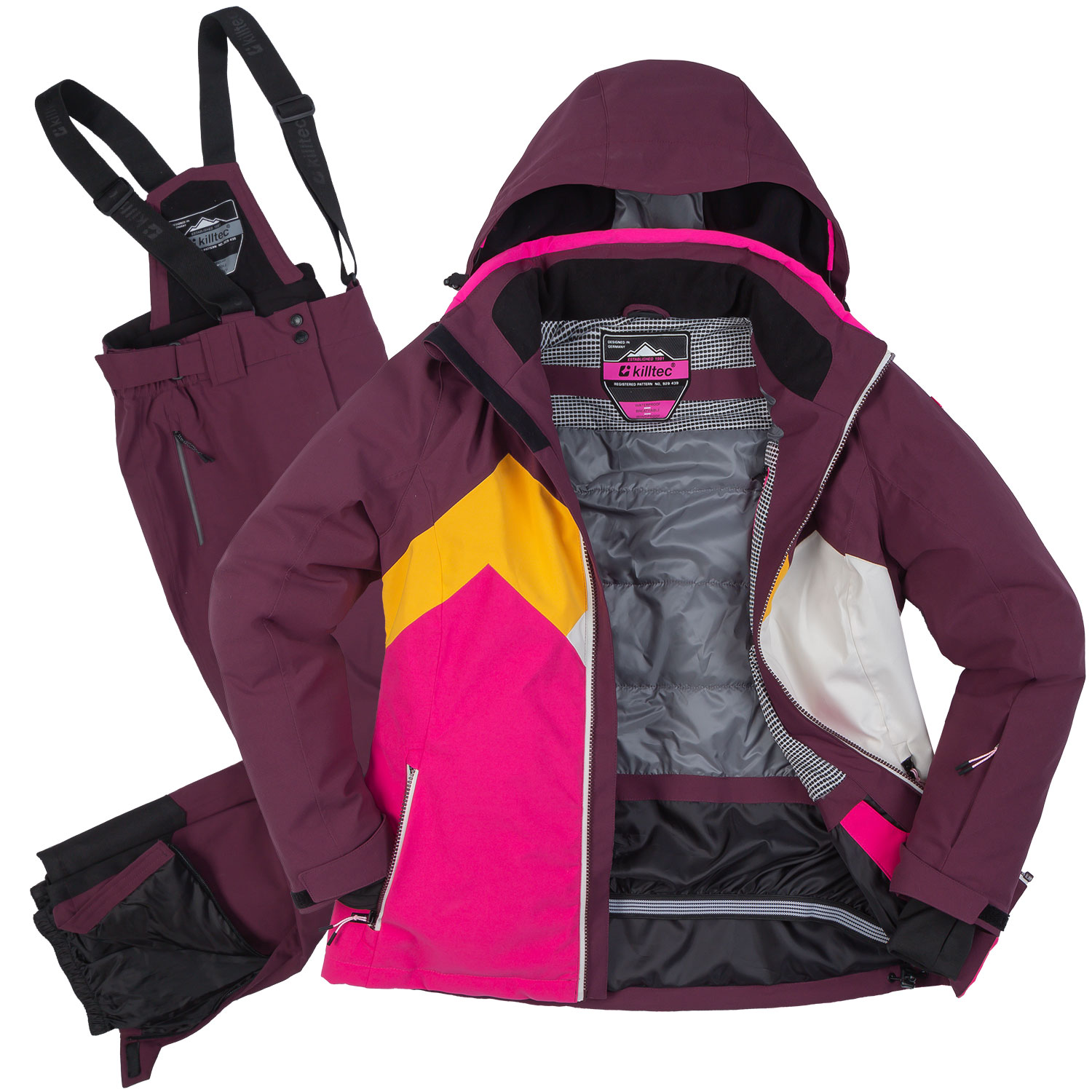killltc Damen Skianzug 2 Teile - Skijacke in Pflaume mit geometrischen muster - verschweißte Nähte wasserabweisend Kapuze abnehmbar