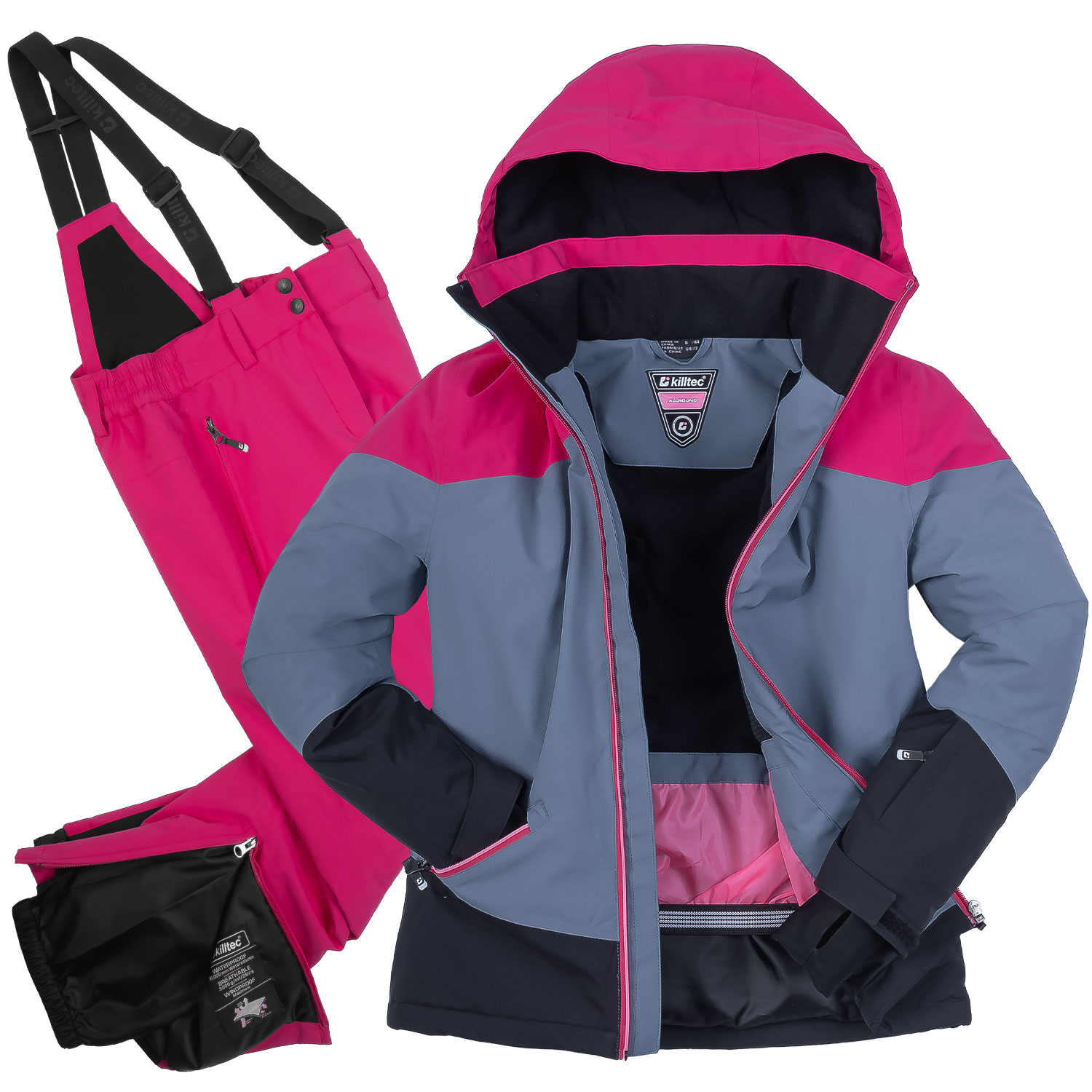 killtec Marken Mädchen 152 Skianzug blau grau Pink - auffällige MusterSkijacke bau grau Pink - Skihose mit Schneefang Pink