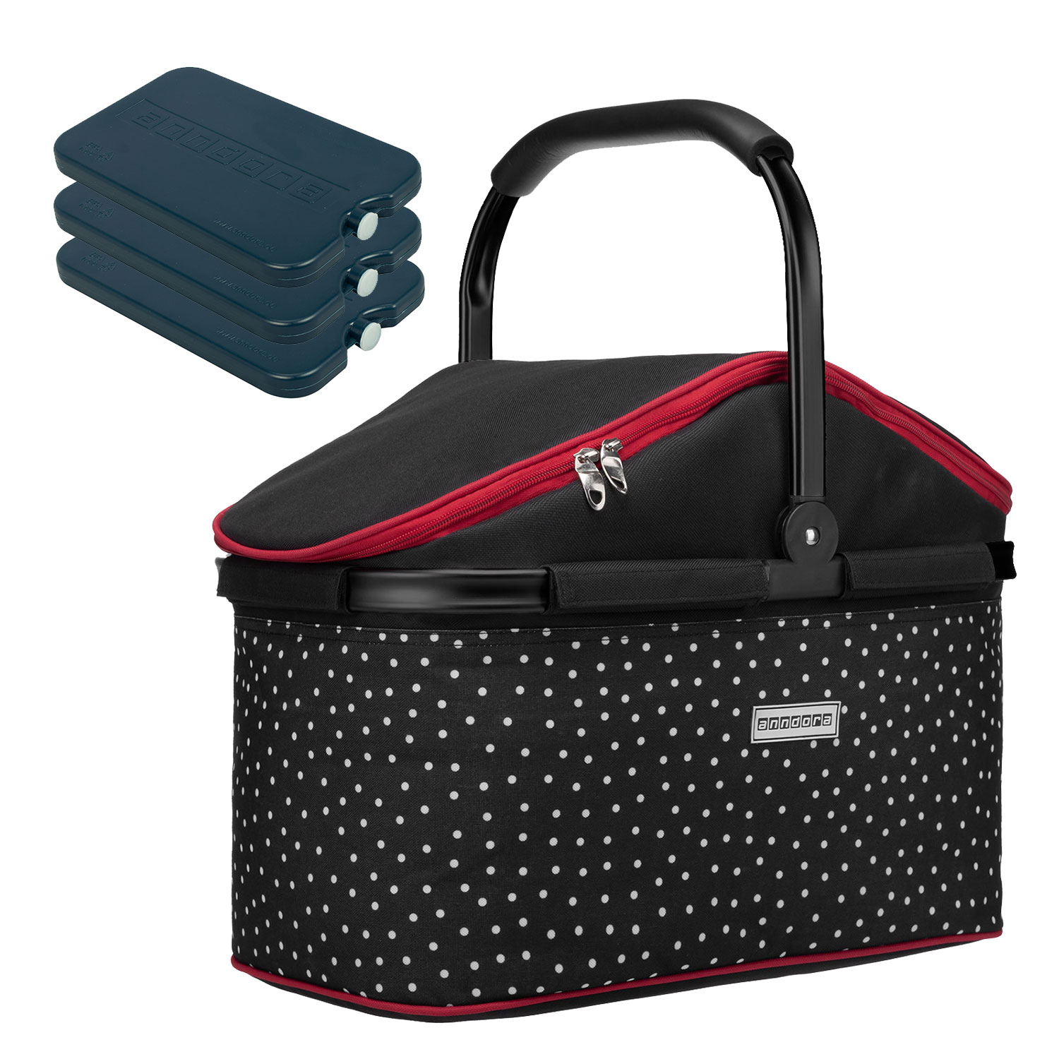 anndora Kühlkorb Isolier Einkaufskorb schwarz weiß gepunktet + 3 Kühlakkus