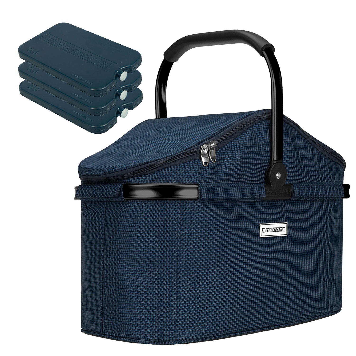 anndora Kühlkorb Isolier Einkaufskorb Hahnentritt blau + 3 Kühlakkus (E)