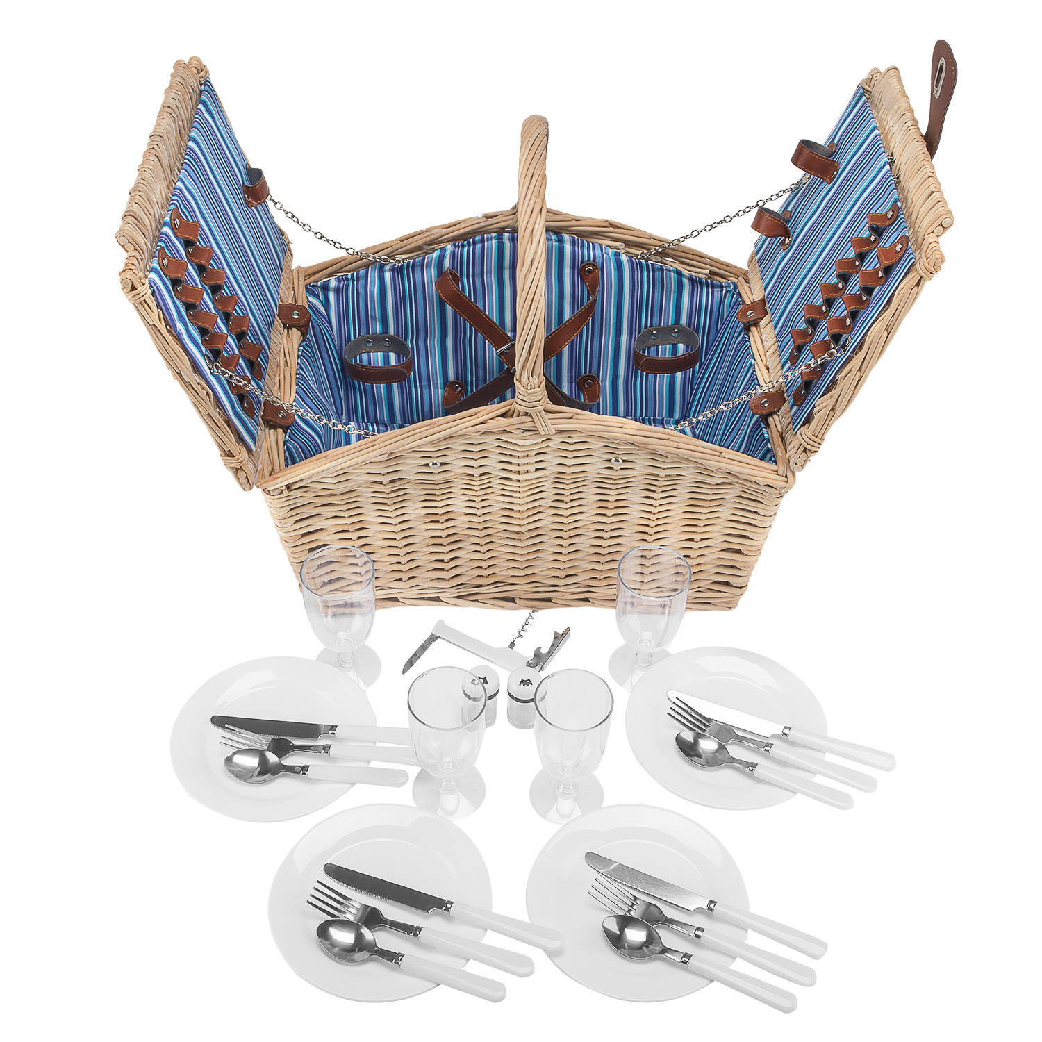 Picknickkorb anndora geflochtene Weide 4 Pers + Zubehör 23 tlg. √ Farbe Natur Weiden Holz √ 46 x 31 x 43 cm