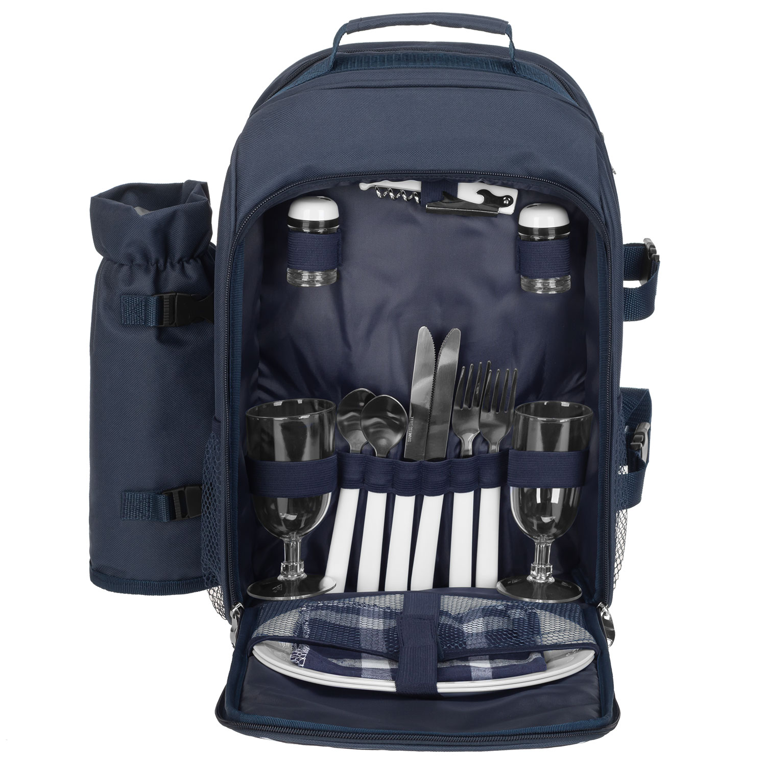 anndora isolierter Picknickrucksack blau weiß gestreift + Zubehör 15 teilig - 2 Personen