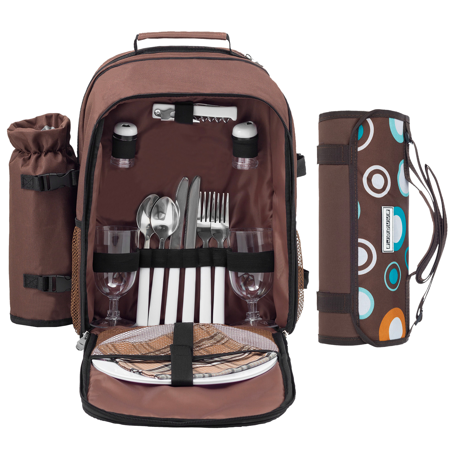 Picknickrucksack inklusive Geschirr 15 teilig 2 Personen +Picknickdecke braun Retro Punkte