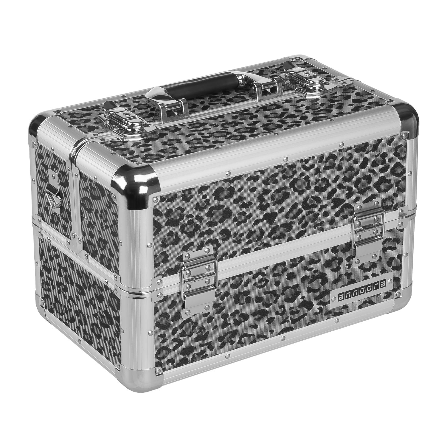 anndora LEO SNOW Beauty Case – silbernes Alu-Design Multikoffer - Schminkoffer mit faltbarem Deckel - Tragegurt und Schlüssel
