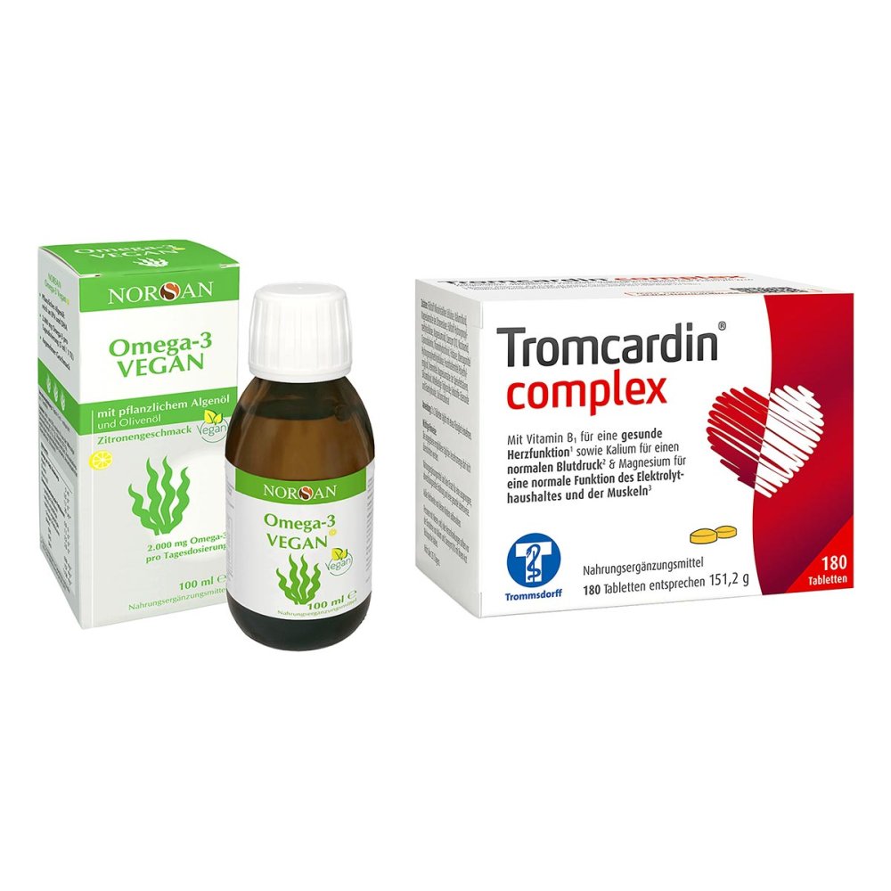 Omega 3 Vegan Algenöl flüssig Norsan & Tromcardin complex Tablet