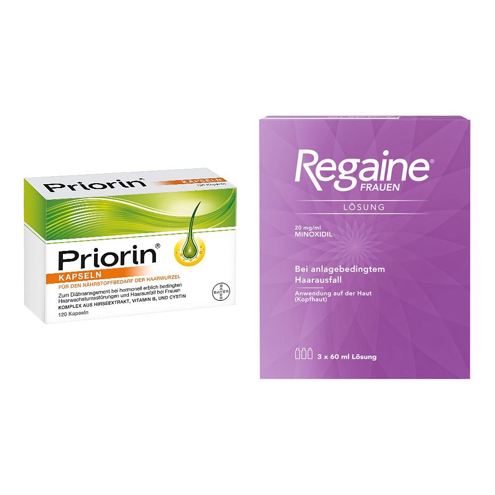 Priorin Neu Kapseln bei Haarausfall + Regaine Frauen Lösung mit