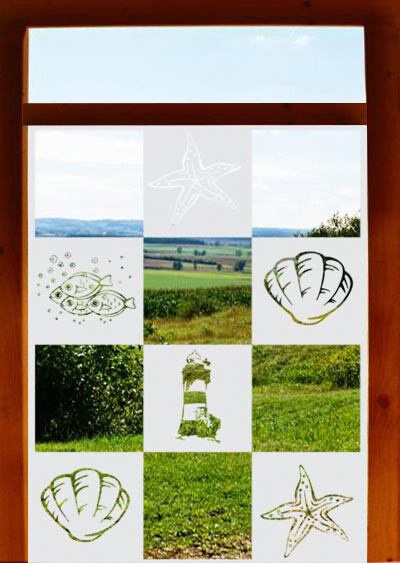 Fensterfolie für Bad oder Küche mit Muscheln und Leuchturm