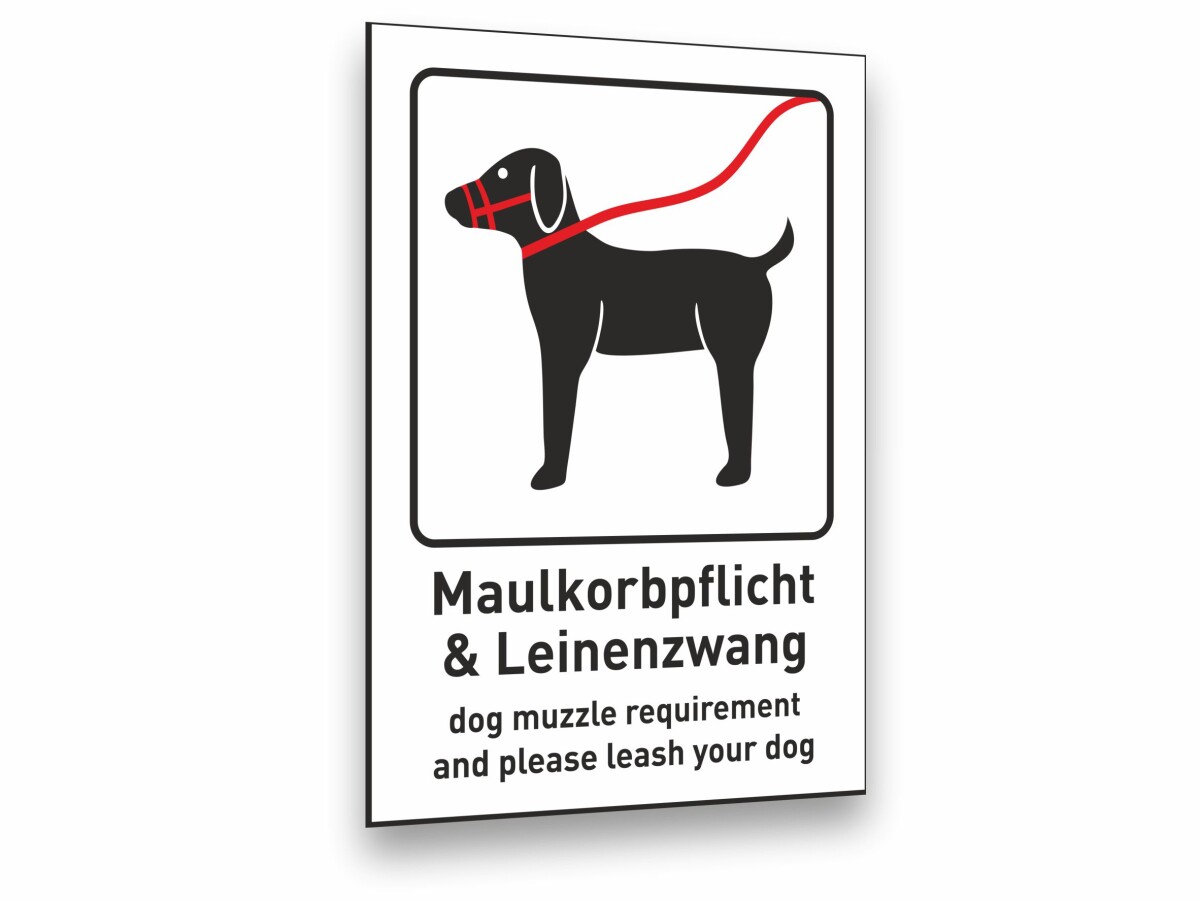 Maulkorb und Leinenzwang für Hunde Schild, Beschreibung auf Deutsch und Englisch