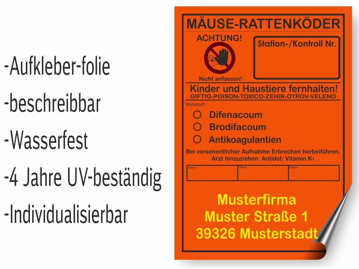 Schädlingsbekämpfung Aufkleber, Achtung Mäuse- und Rattenköder Aufkleber