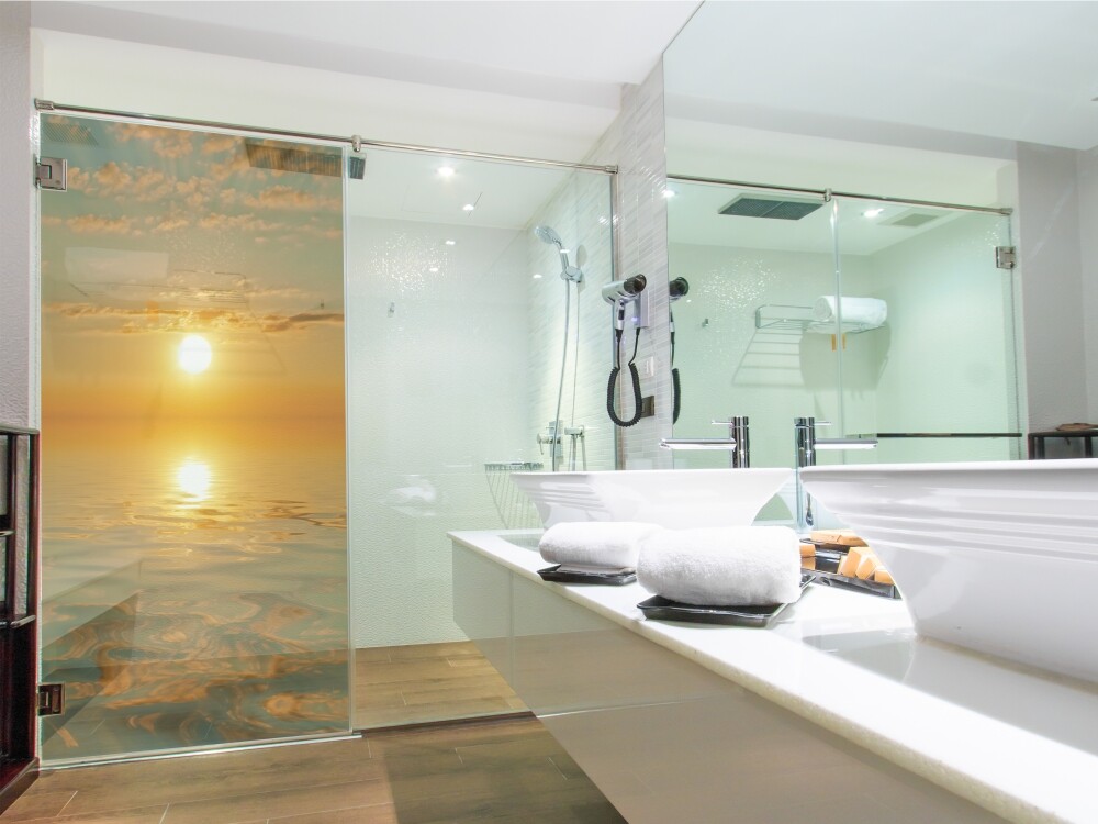 Duschkabine Dekor, Sonnenuntergang Glasdekor Dusche