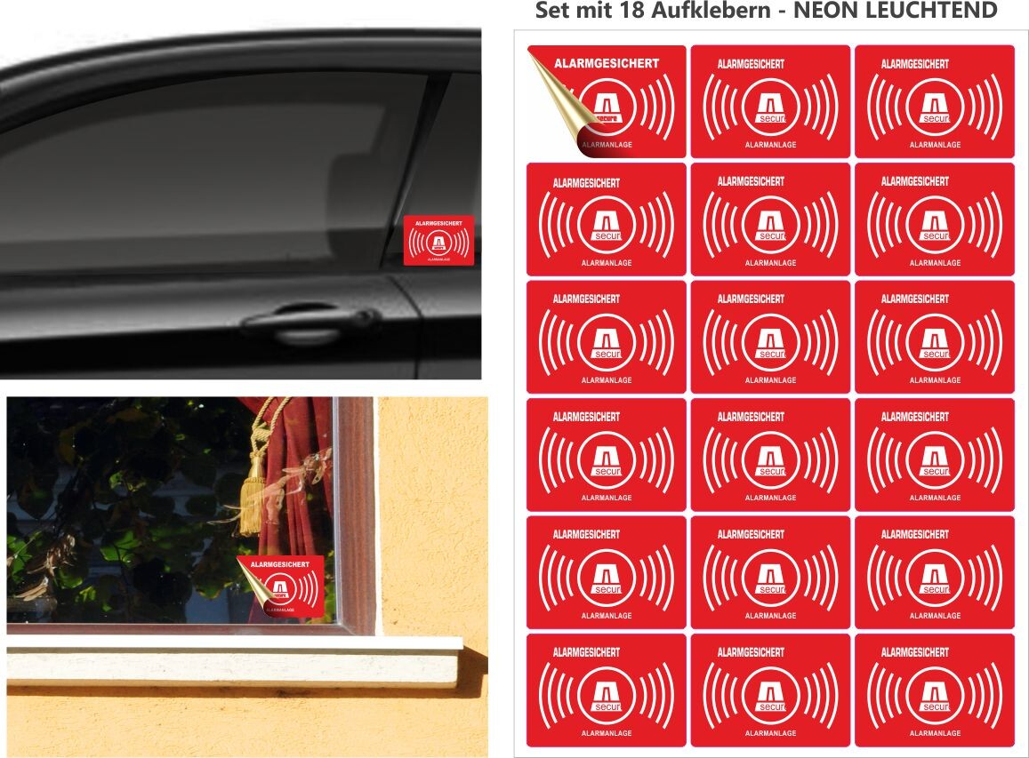 18 Stück Alarmanlagen Aufkleber, alarmgesichert Aufkleber NEON FARBIG Neon Rot