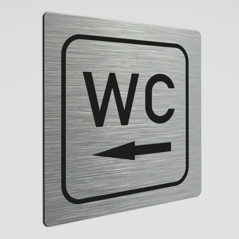 WC Hinweisschild,WC Schild mit Richtungspfeil links, Alu silber gebürstet 12 x 12 cm
