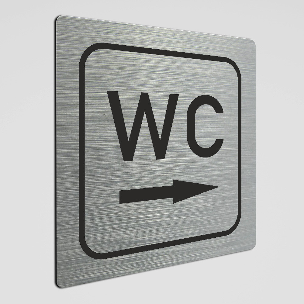 WC Hinweisschild,WC Schild mit Richtungspfeil rechts, Alu silber gebürstet 12 x 12 cm