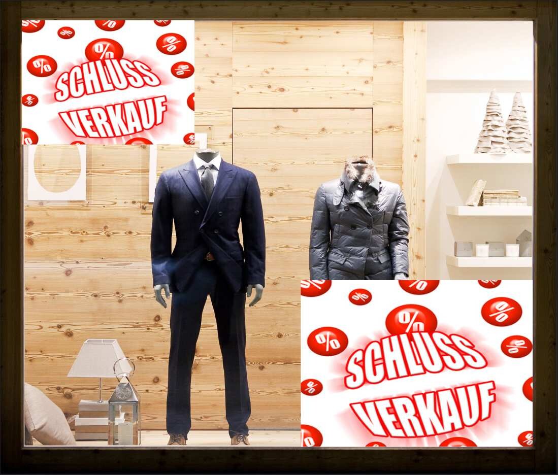 Schlussverkauf als Aufkleber oder als Adhäsionsfolie erhältlich