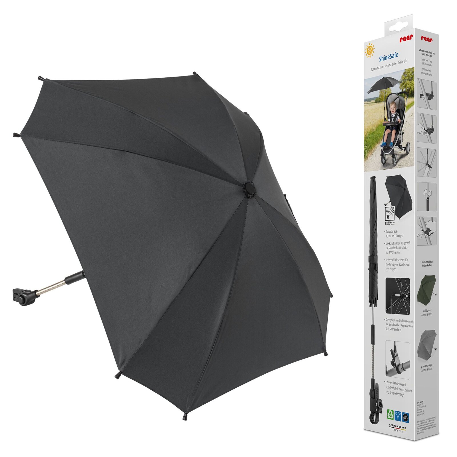 reer - Sonnenschirm für Kinderwagen, Buggy, Sportwagen schwarz (6)