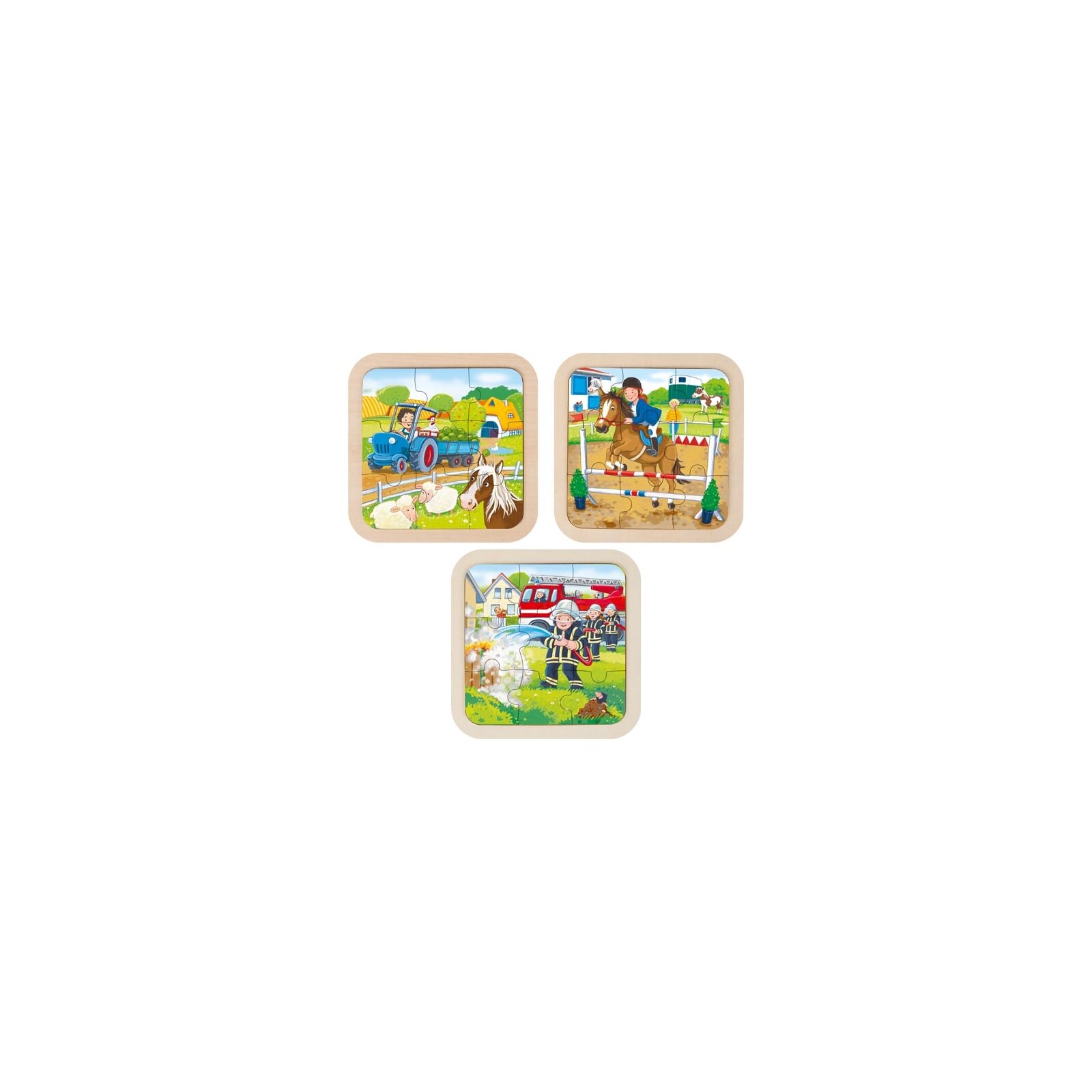 Goki - Puzzle aus Holz - 9 Teile - ab 2 Jahre - Bauernhof, Feuerwehr, sort. (9)