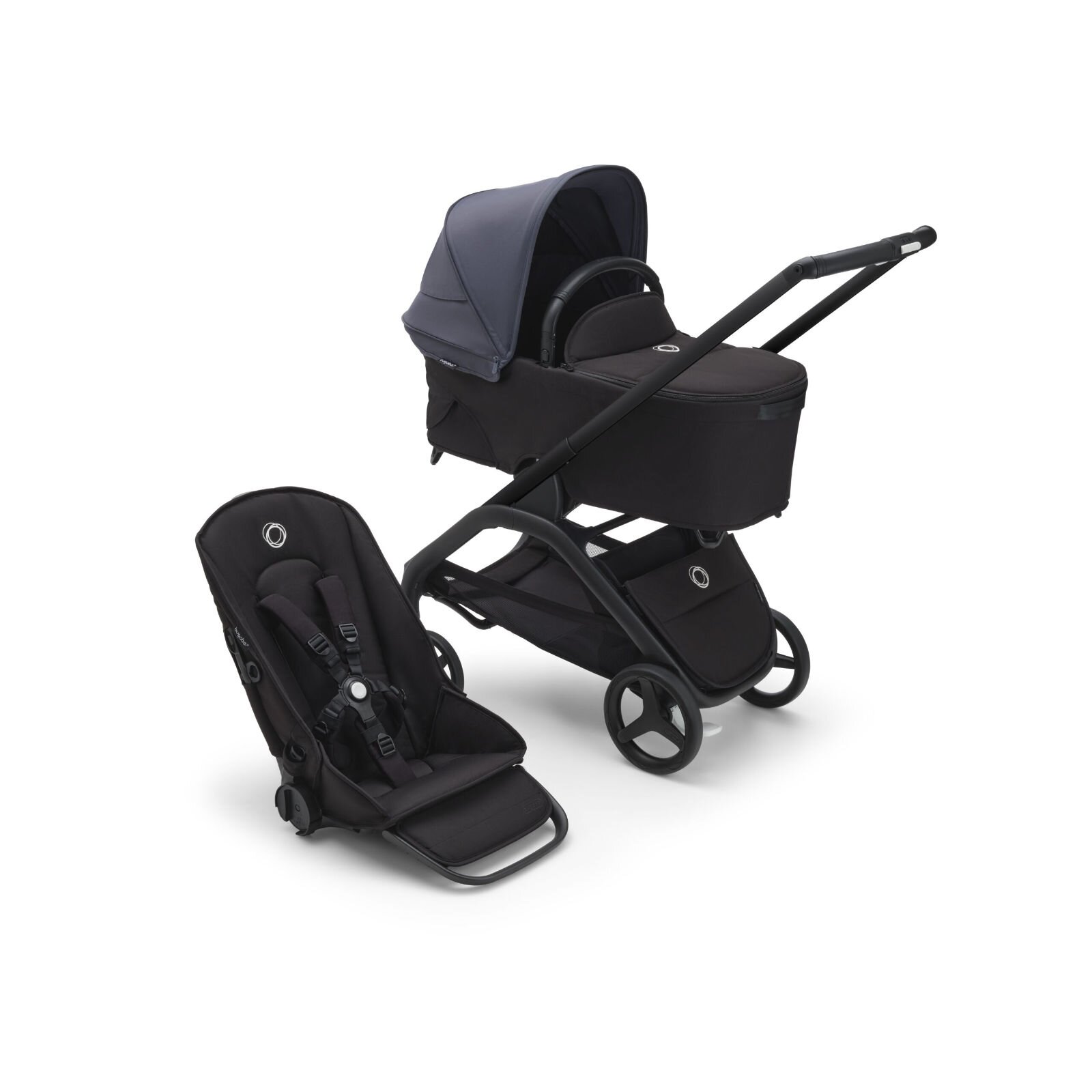 BUGABOO - Dragonfly Kinderwagen mit Liegewanne und Sitz (SCHWARZ / SCHWARZ / STURMBLAU)