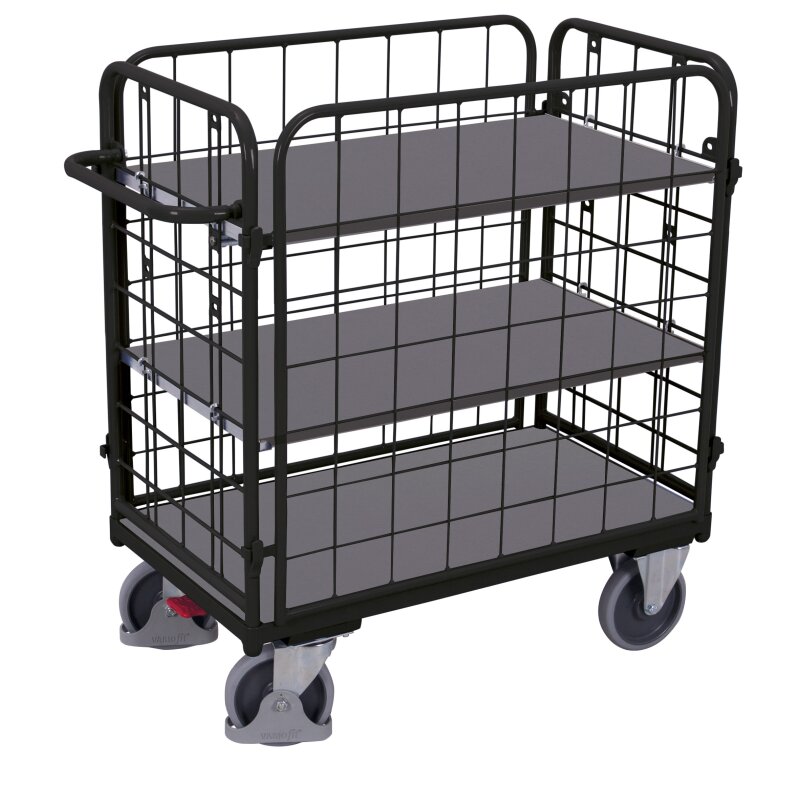 VARIOfit Paket-Vierwandwagen mit 3 Böden Typ L + EasySTOP - Anthrazit