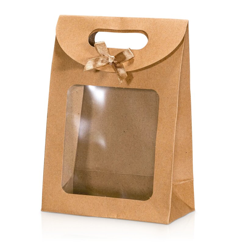 15 x Tasche 'Easypack' Kraftpapier+Schleife+Fenster -M-