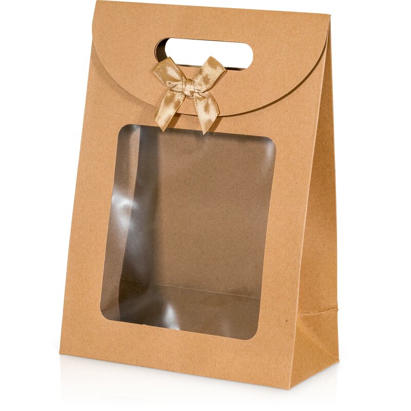 12 x Tasche 'Easypack' Kraftpapier+Schleife+Fenster -L-