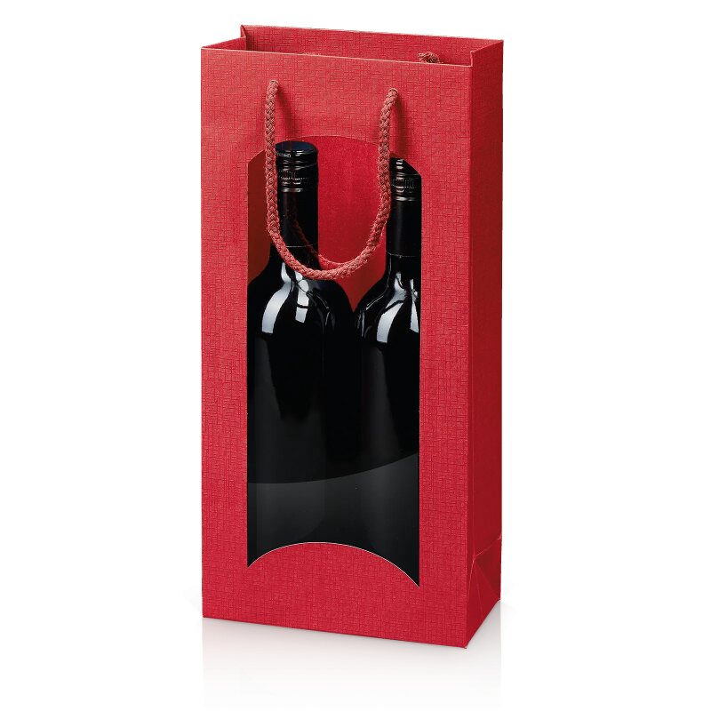 20 x Tragetasche 'Satina Rot' 2er mit Fenster, Strukturpapier