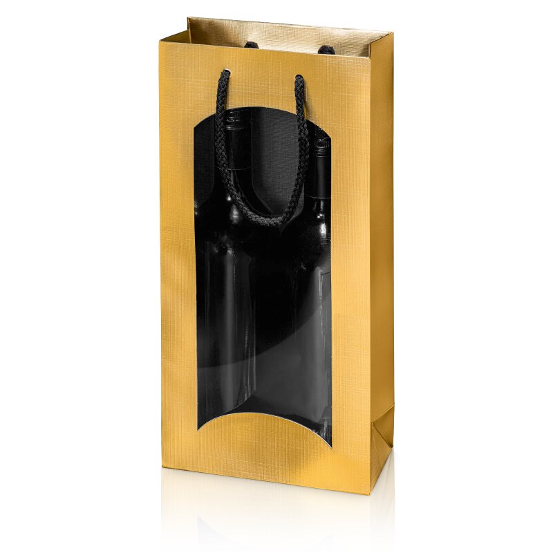 20 x Tragetasche 'Satina Gold/Schwarz' 2er Fenster, Strukturpapier Kordel u