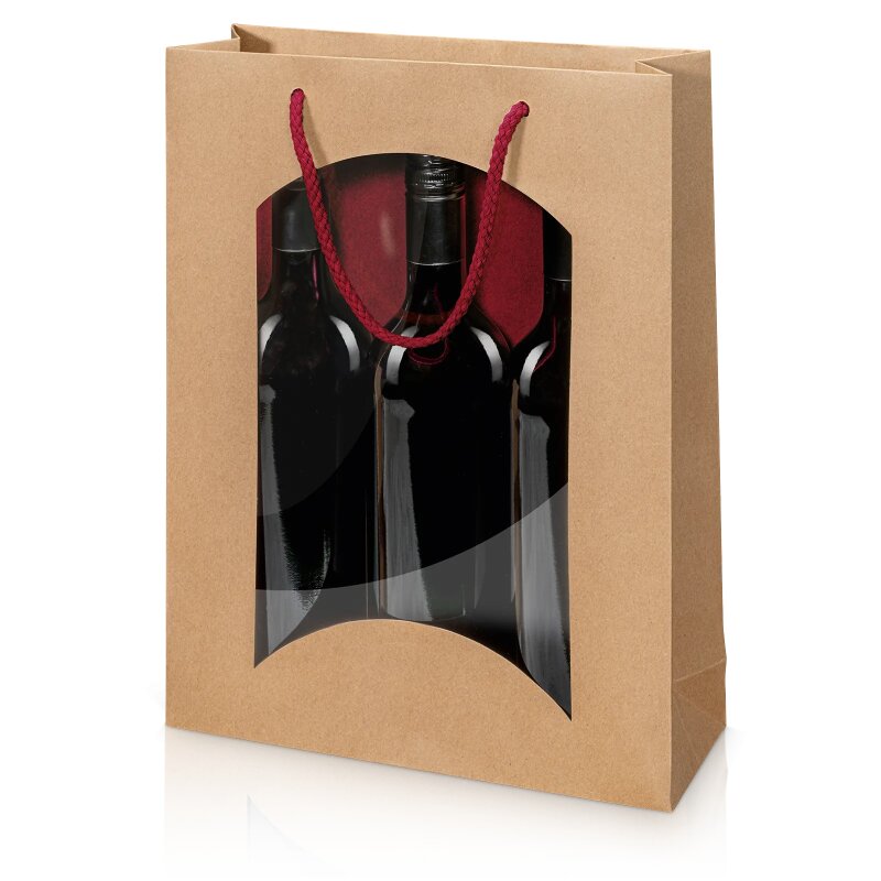 20 x Tragetasche 'Natura Style Bordeaux' 3er Fenster, Kraftpapier Kordel un